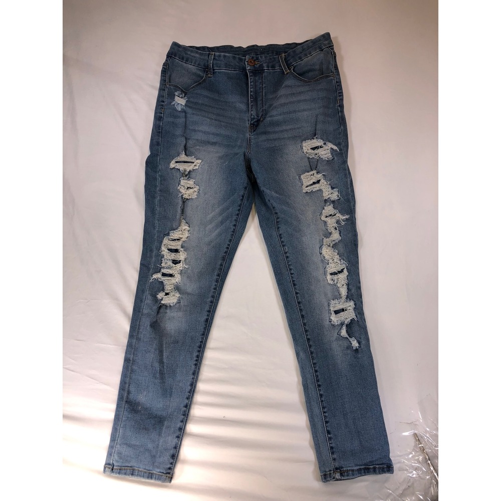 No Boundaries Distressed Skinny Jeans Medium Wash Ripped High Rise Size 15